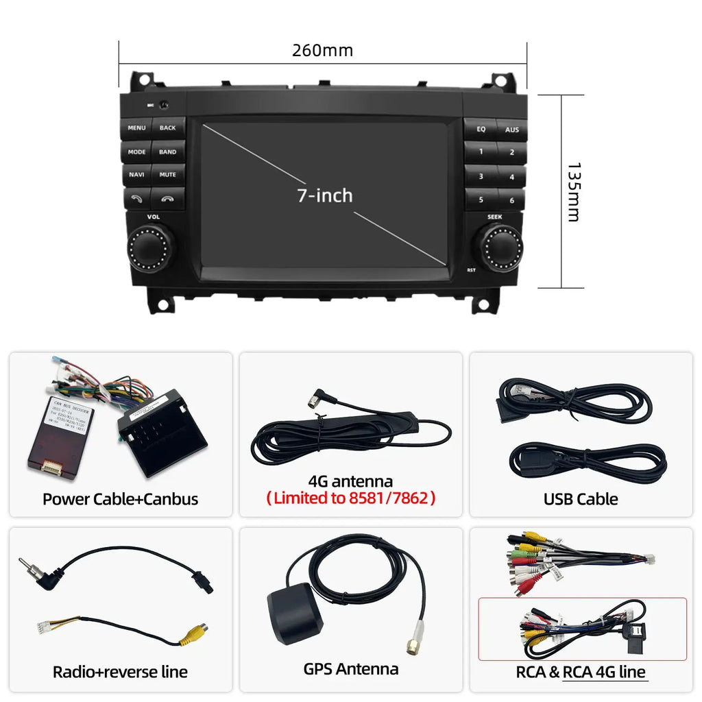 7 Inch Wireless CarPlay Android Car Radio GPS Navigation For Mercedes Benz CLC Class W203
