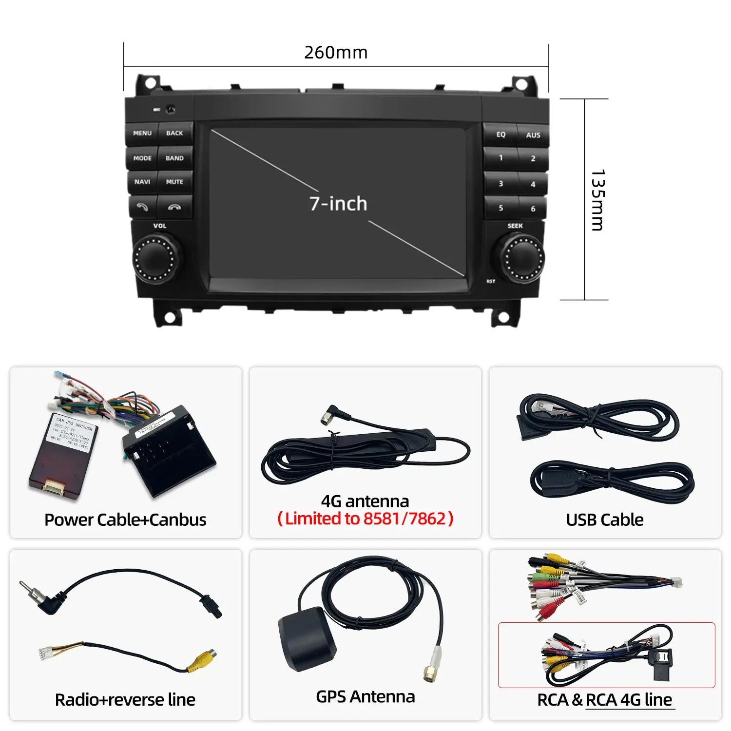 7 Inch Wireless CarPlay Android Car Radio GPS Navigation For Mercedes Benz CLC Class W203