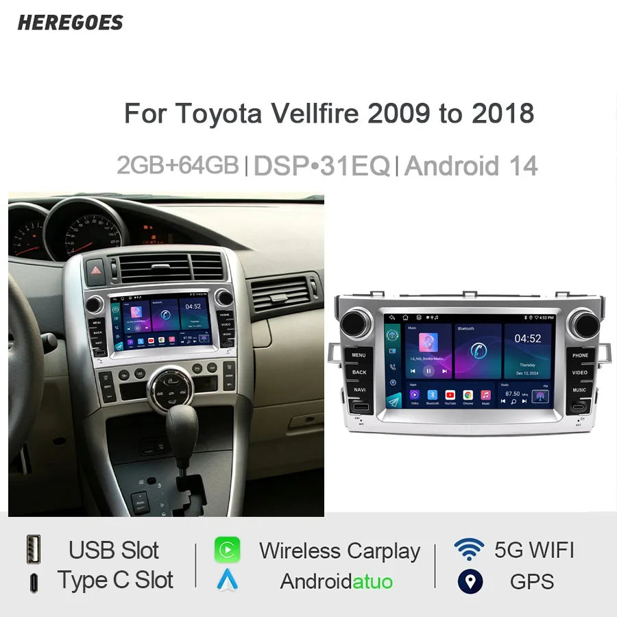 7" Android Car Radio GPS Type-C for Toyota Vellfire 2018-2019 - CarPlay Android Auto Bluetooth Steering Control