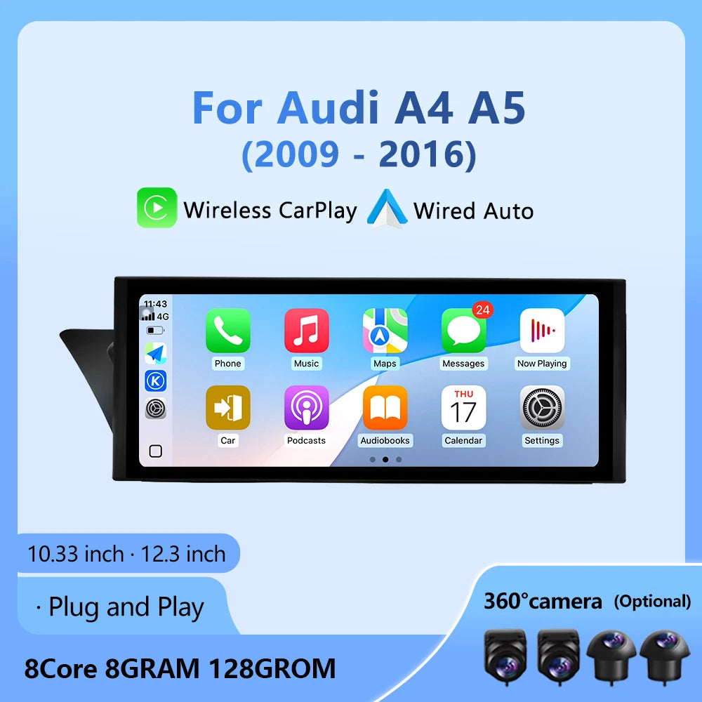 Android Auto Car radio For Audi A4 A5 2009- 2016 Multimedia Player Wireless Carplay Screen