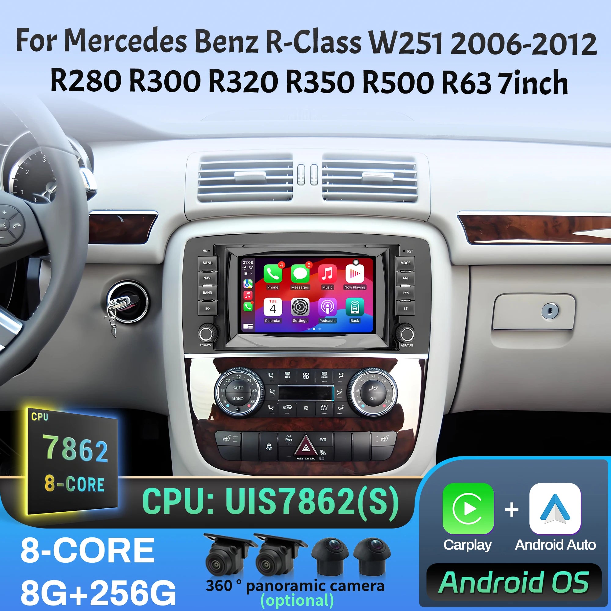 7 inch Android 14 Car Radio For Mercedes Benz R-Class W251 2006-2012 R280 R300 R320 R350 R