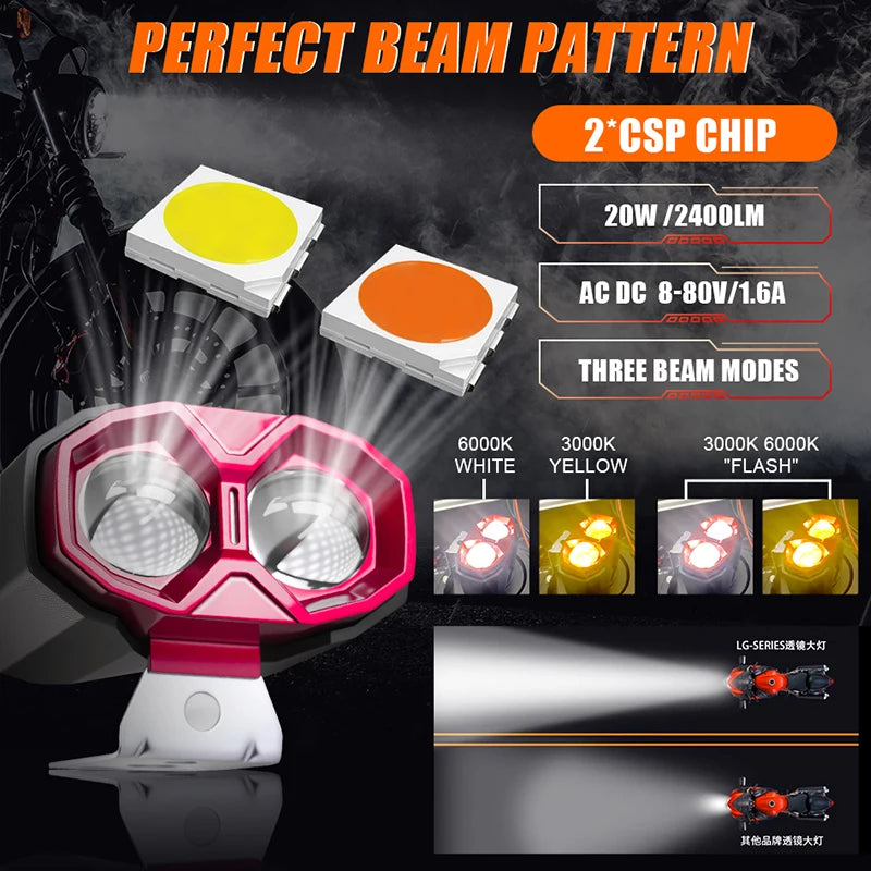 Motorcycle Spotlights Auxiliary LED Hi/Low Beam For Moto Universal Headlight Driving Fog L