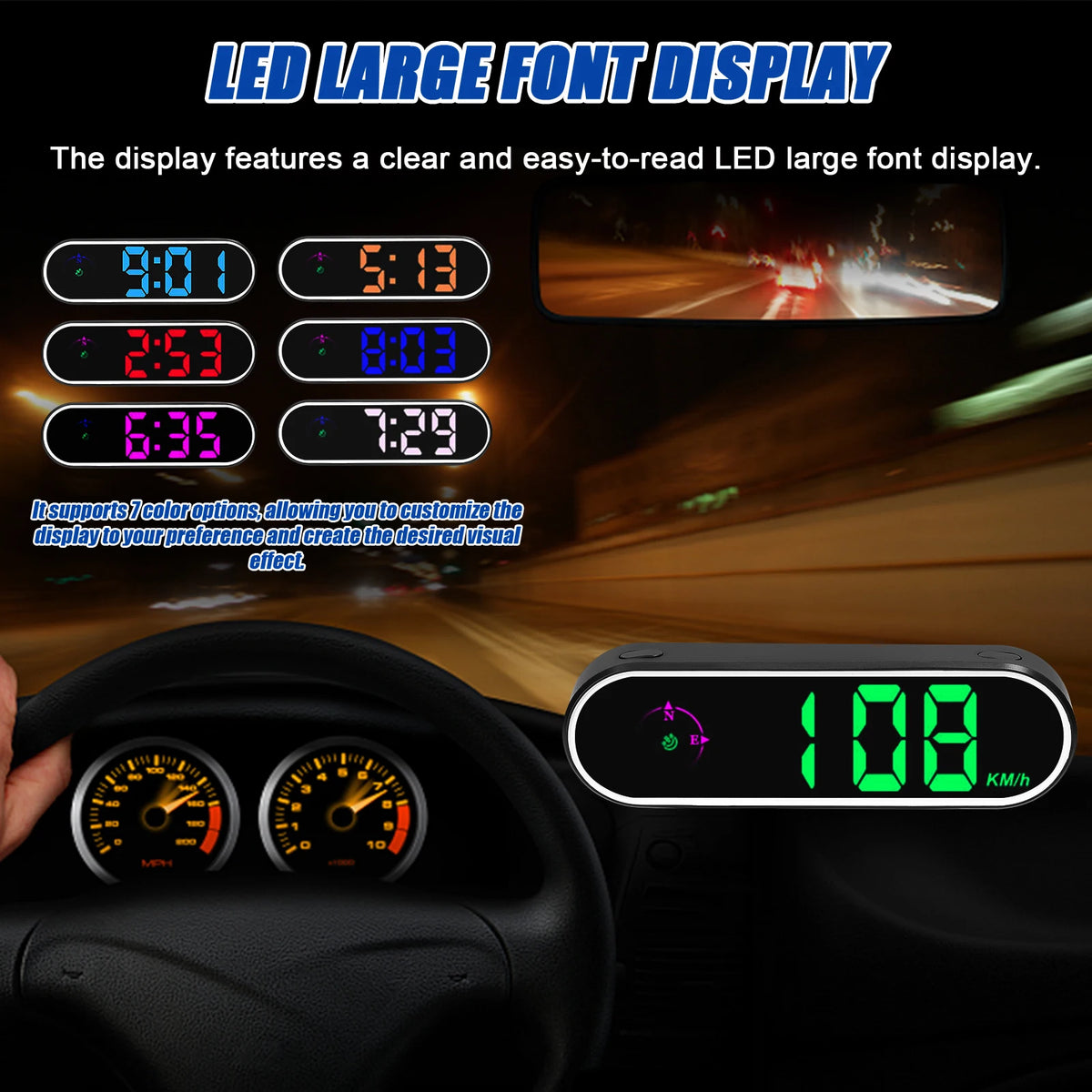 Car Headup Display GPS Digital Speedometer with Colorful LED Display Clock Function Overspeed Al - Automotive LED Light