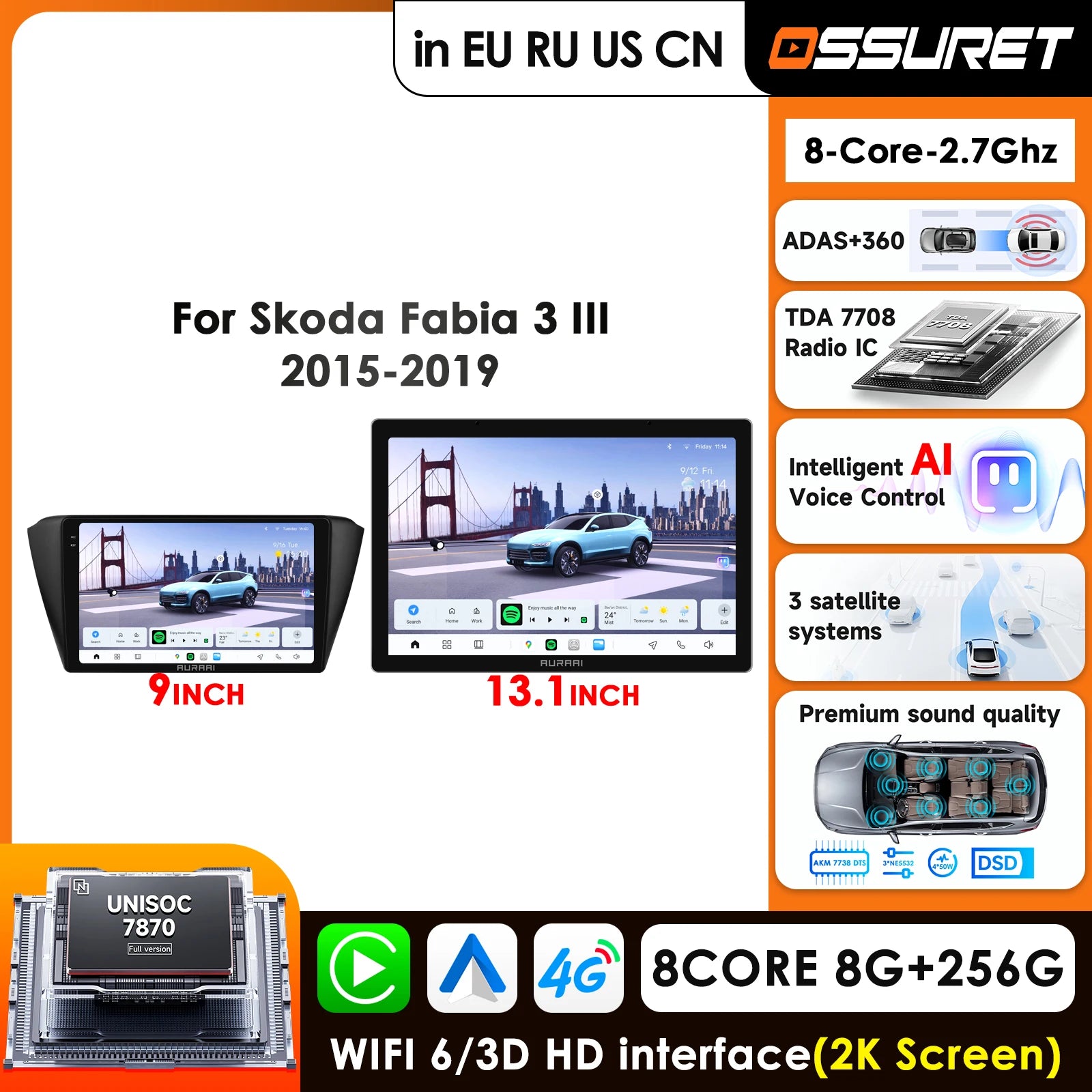 9" 2K Car Radio GPS for Skoda Fabia III 2015-2018 - 4G LTE Carplay DSP WiFi Autoradio Stereo 360° ADAS Cam