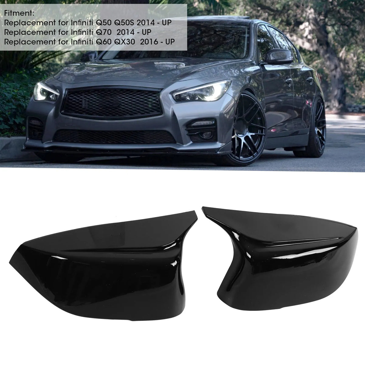 2Pcs Car Side Door Rearview Mirror Cover Caps Trim ABS Glossy Black Replacement  for Infiniti Q50S Q50 - Automotive LED