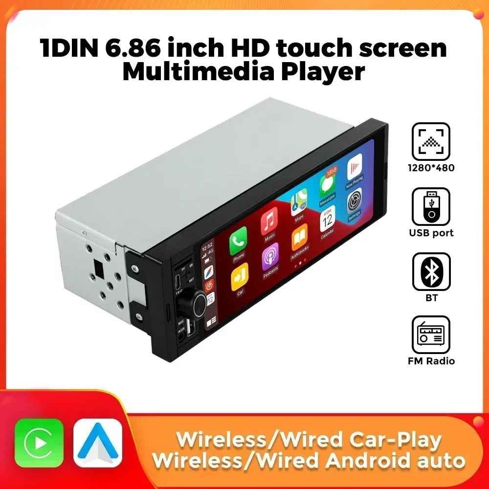 1DIN MP5 Universal Car Radio FM Support Wireless Carplay Android AUTO AUX USB SWC 6.86-Inc | AUTOKITSHOP