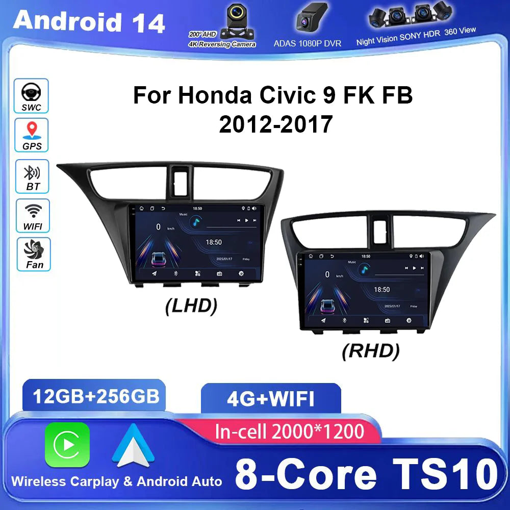 Car Android 15 GPS Navigation For Honda Civic 9 FK FB 2012-2017 Auto Radio Stereo Multimid