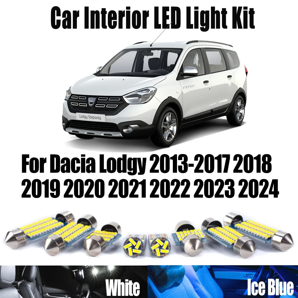 11-Piece LED Interior Light Kit for Dacia Lodgy 2013-2021 - Canbus Dome Map Door Trunk Bulbs | AUTOKITSHOP