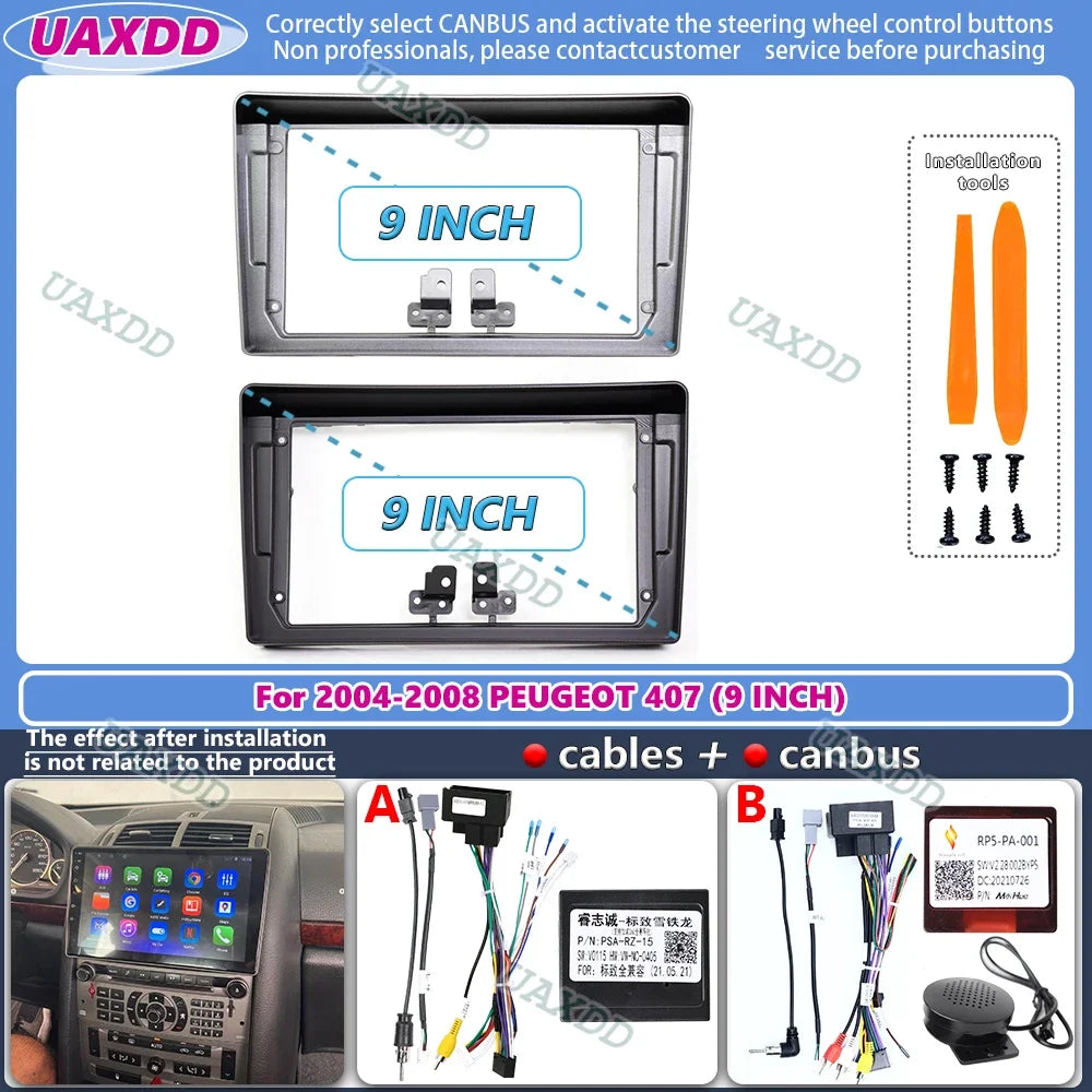 For 2004-2008 PEUGEOT 407 9INCH 2 Din Car stereo Android frame panel fascia cable video ha