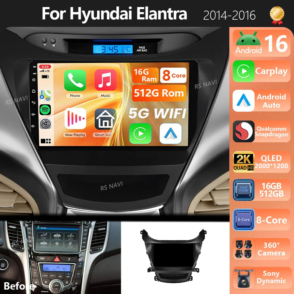 Android 16 Carplay Auto Qualcomm 2K QLED Screen Car Radio Player For Hyundai Elantra 2014-
