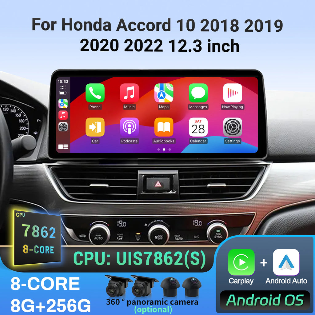 12.3 inch Car Radio Android 14 Multimedia For Honda Accord 10 2018 2019 2020 2022 Wireless