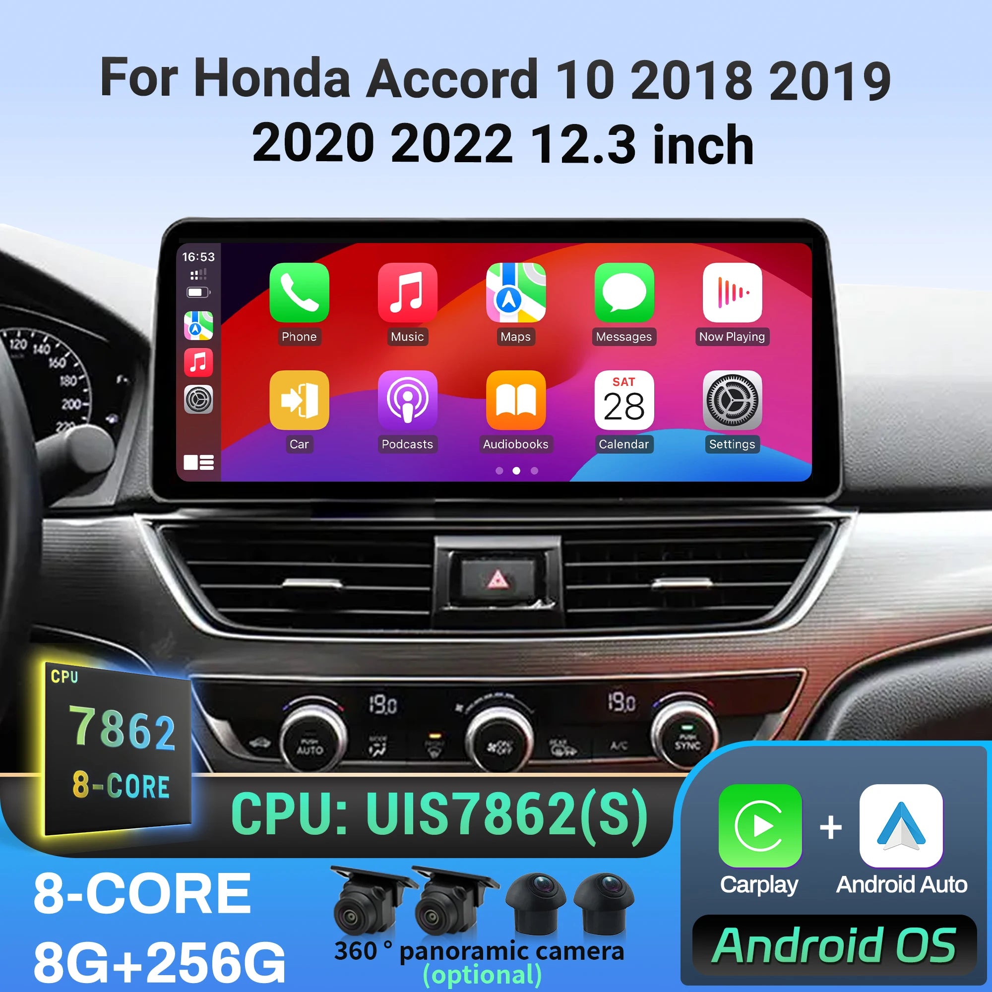 12.3 inch Car Radio Android 14 Multimedia For Honda Accord 10 2018 2019 2020 2022 Wireless