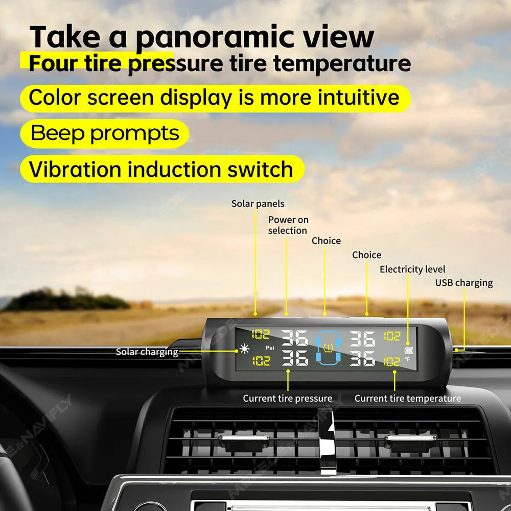 Solar Power USB Charge TPMS Car Tire Pressure Alarm Monitor System Auto Security Alarm Sys | AUTOKITSHOP
