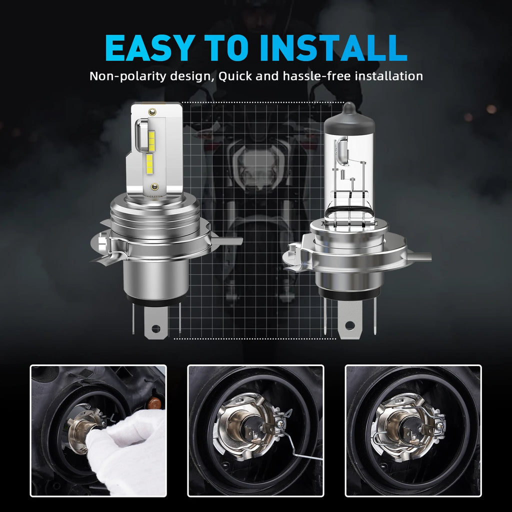 BEVINSEE H4 LED Moto Hi/Lo Beam 9003 H4 Motorcycle LED Headlight Bulb Wireless Non-Polarit