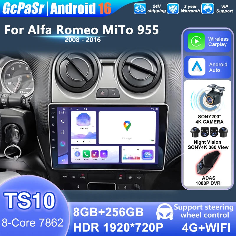 Android 16 For Alfa Romeo MiTo 955 2008-2016 Android Auto Screen Car Stereo Radio Multimed