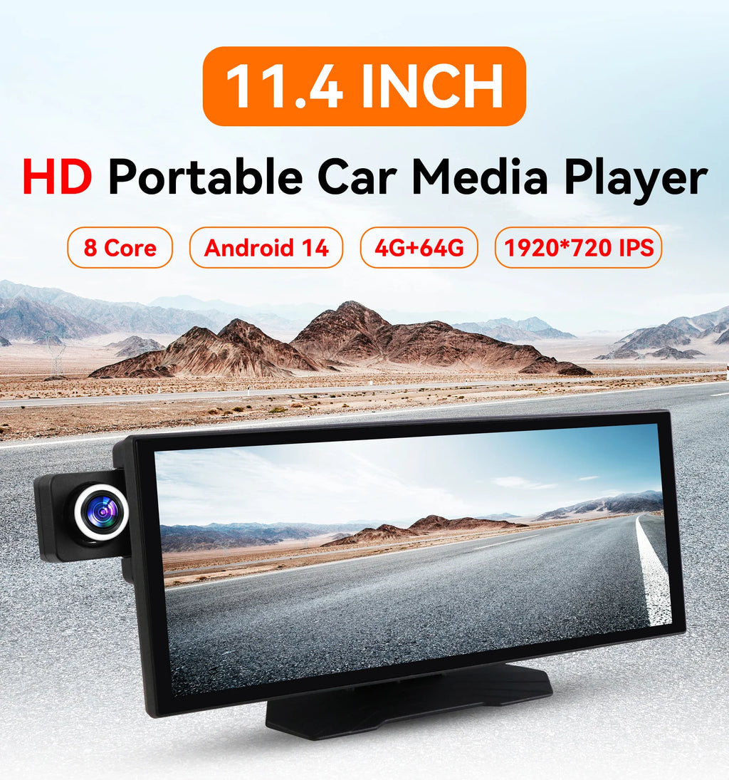 1920*720 Android 14 Portable Car Media Player Universal 8Core 4+64G Carplay Auto Dash Cam