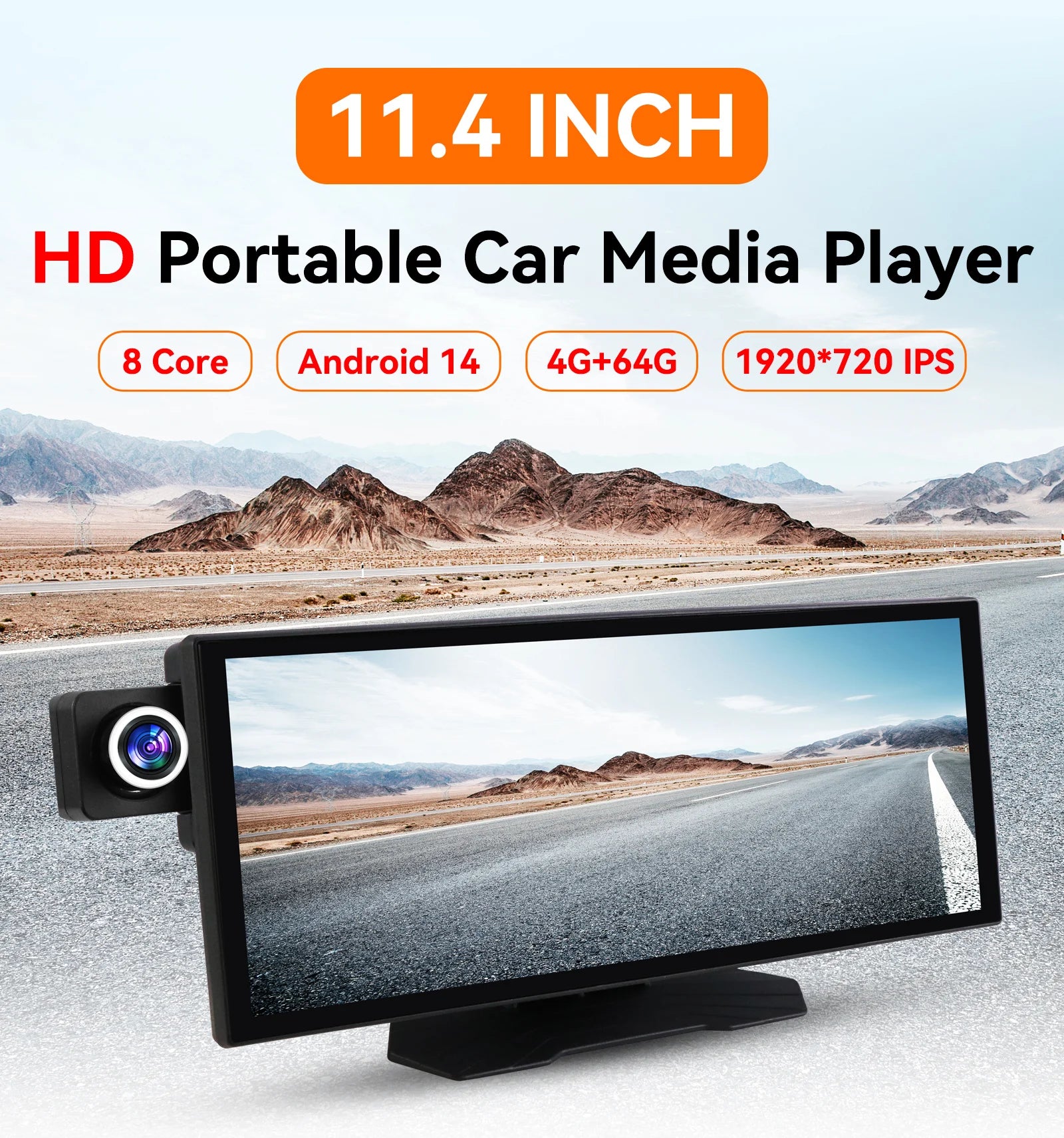 1920*720 Android 14 Portable Car Media Player Universal 8Core 4+64G Carplay Auto Dash Cam