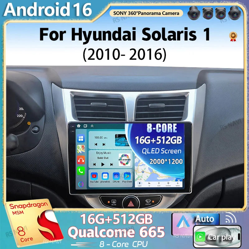 Qualcomm Android 16 For Hyundai Solaris 1 2010 - 2016 2K QLED Car Radio Multimedia Video P
