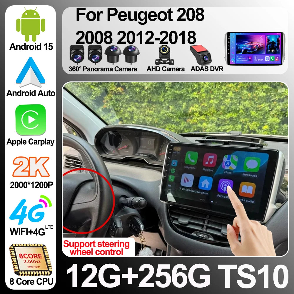 Android15 Car For Peugeot 208 2008 2012-2018 Multimedia Player Navigation Gps Carplay Qled | AUTOKITSHOP