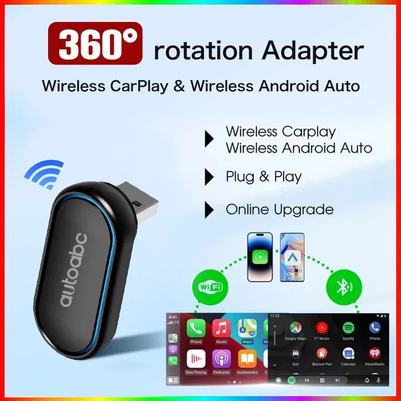 2-in-1 360 Degree Wireless Adapter CarPlay Android AUTO Car Dongle USB Smart Mini Box Plug | AUTOKITSHOP
