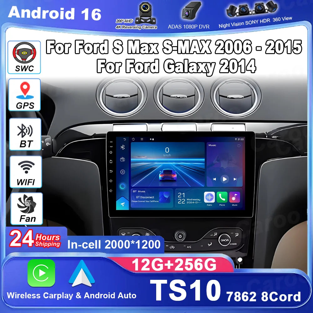 Car Radio Carplay Android 16 For Ford S Max S-MAX 2006-2015 For Ford Galaxy 2014 Matte Bla