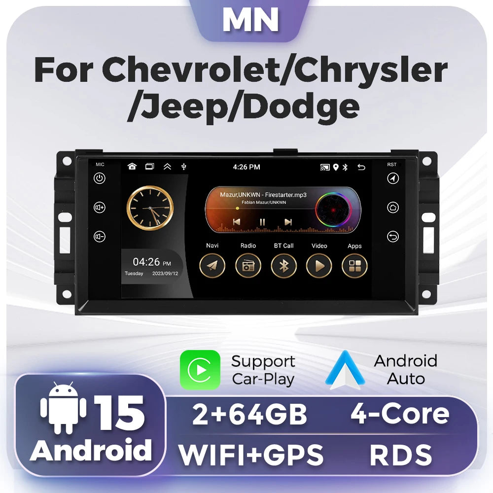 Android 15 7'' Car Radio CarPlay Auto Multimedia GPS RDS For Jeep Wrangler Cherokee Grand