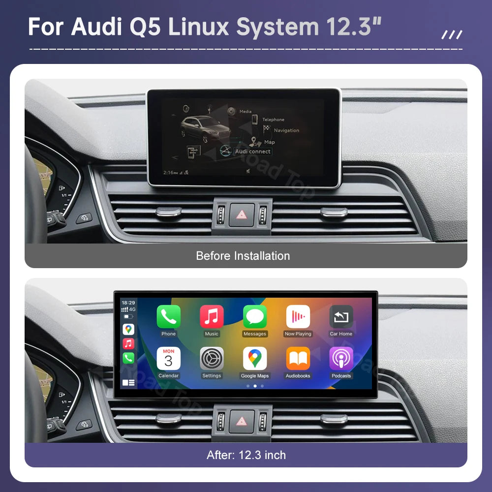 Road Top 12.3"1920*720 Car Multimedia Touch Screen For Audi Q5 2018-2019 Wireless Carplay  | AUTOKITSHOP