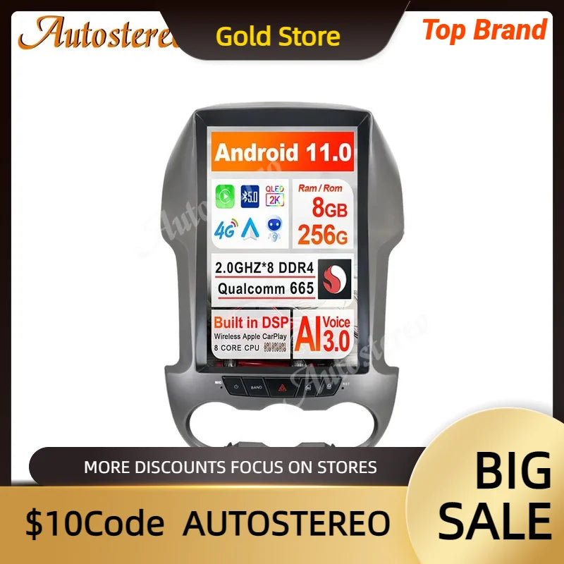 Vertical Screen Android 13 For Ford Ranger 2010-2015 Tesla Style Car GPS Navigation Head U