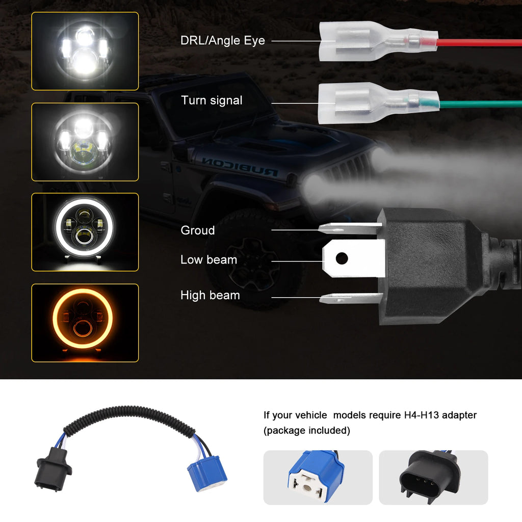 7 Inch 1000W Led Car Motorcycle Headlight DRL H4 Headlamp for Harley BMW Yamha Honda 12V/2