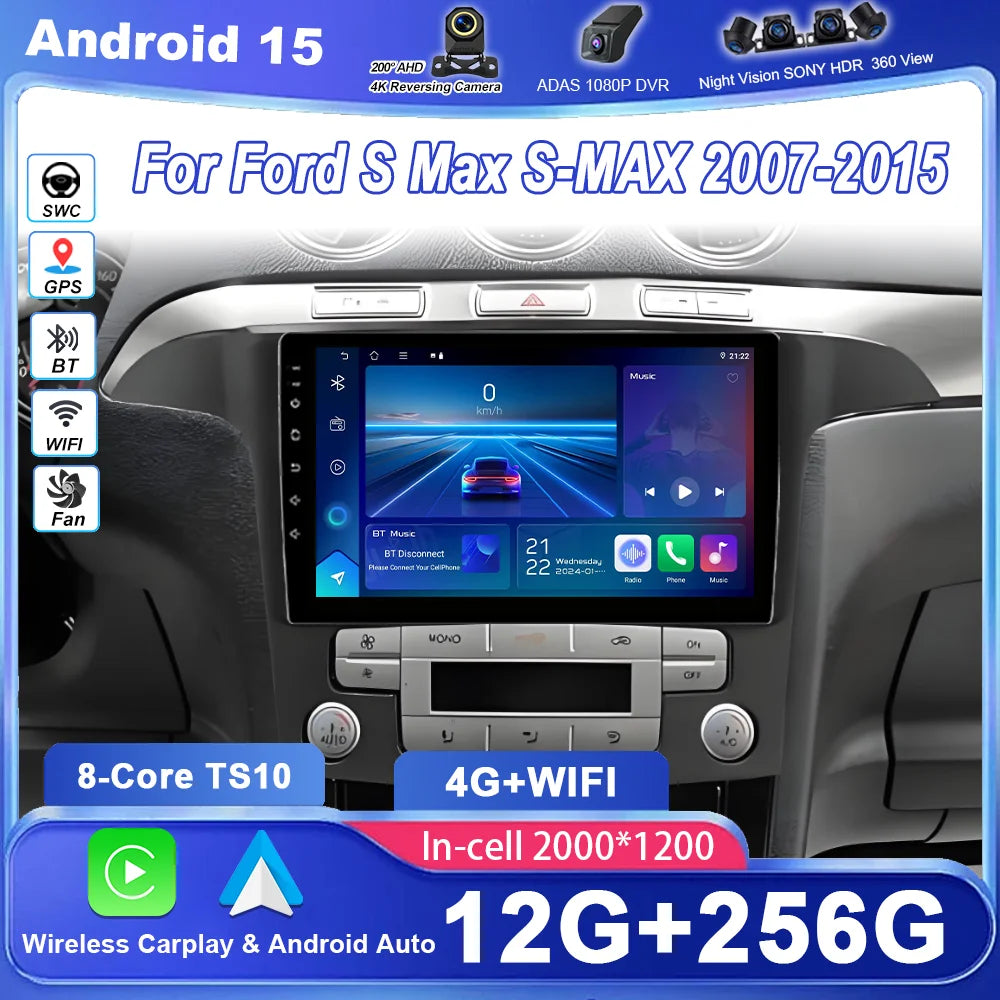 Android 15 For Ford S Max S-MAX 2007-2015 Auto Radio Stereo Multimedia Player No 2 din Wir