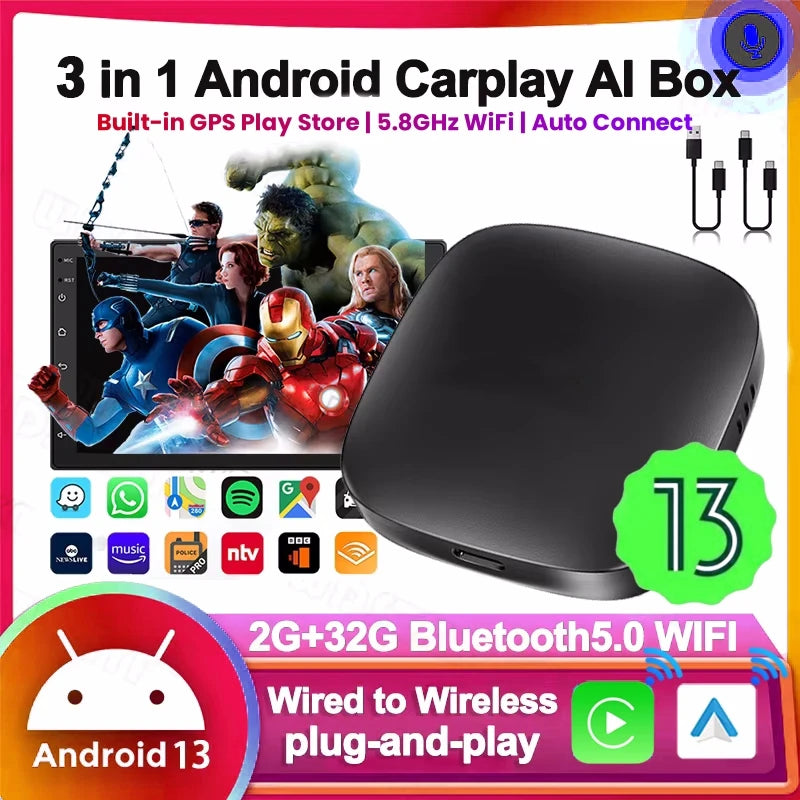 Android 13 Ai Box Wired to Wireless Carplay Android Auto Adapter WiFi For Youtube Nexflit  | AUTOKITSHOP