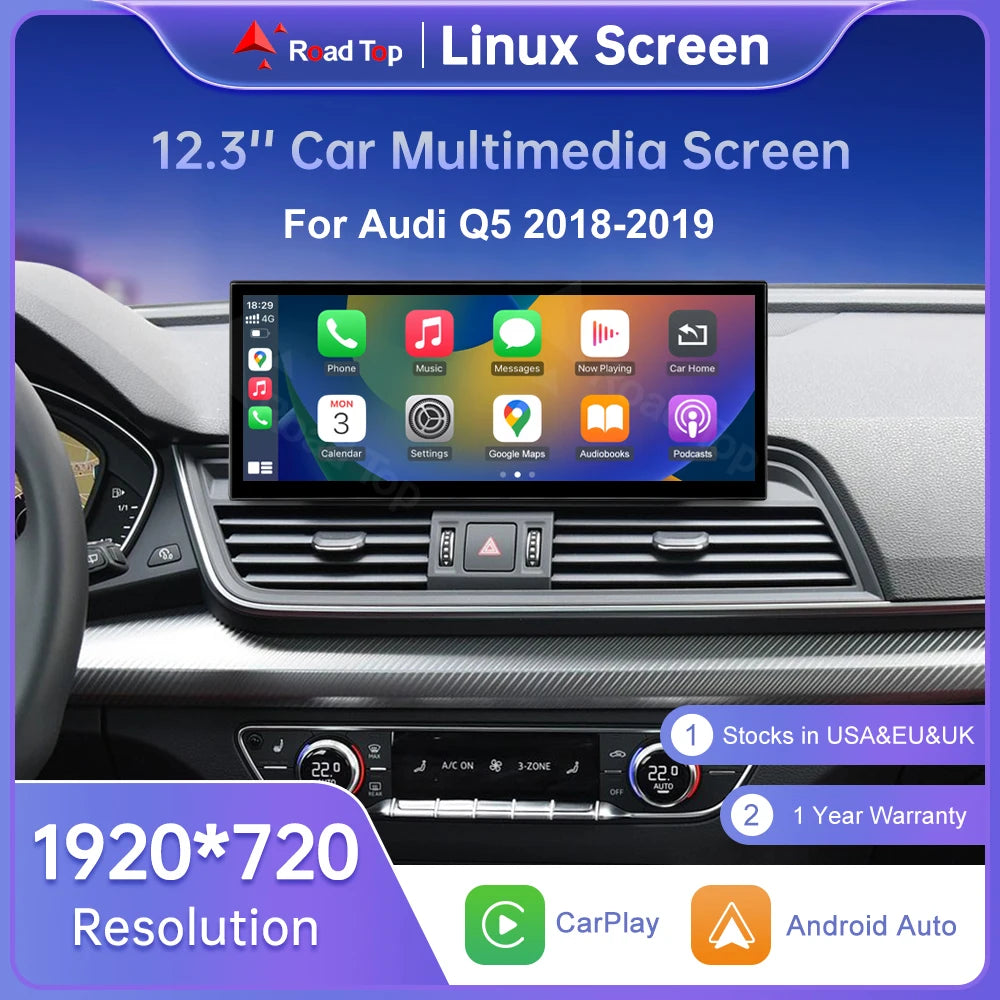 Road Top 12.3"1920*720 Car Multimedia Touch Screen For Audi Q5 2018-2019 Wireless Carplay  | AUTOKITSHOP