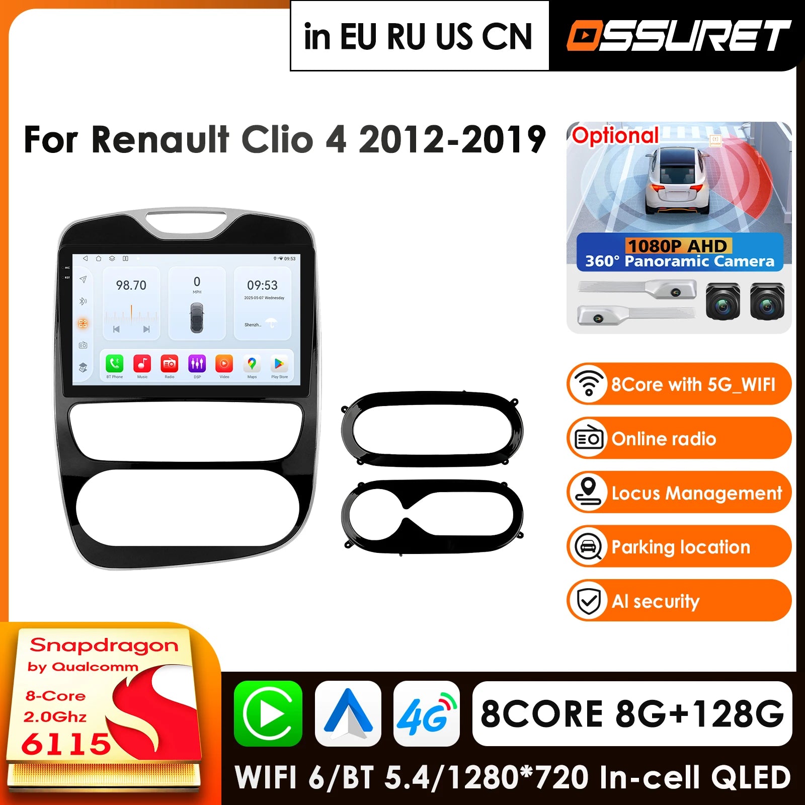 12.3" Car Radio GPS for Renault Clio 4 2016-2019 Android 14 Carplay 4G AI System Multimedia Video Player - Qualcomm 8Cor