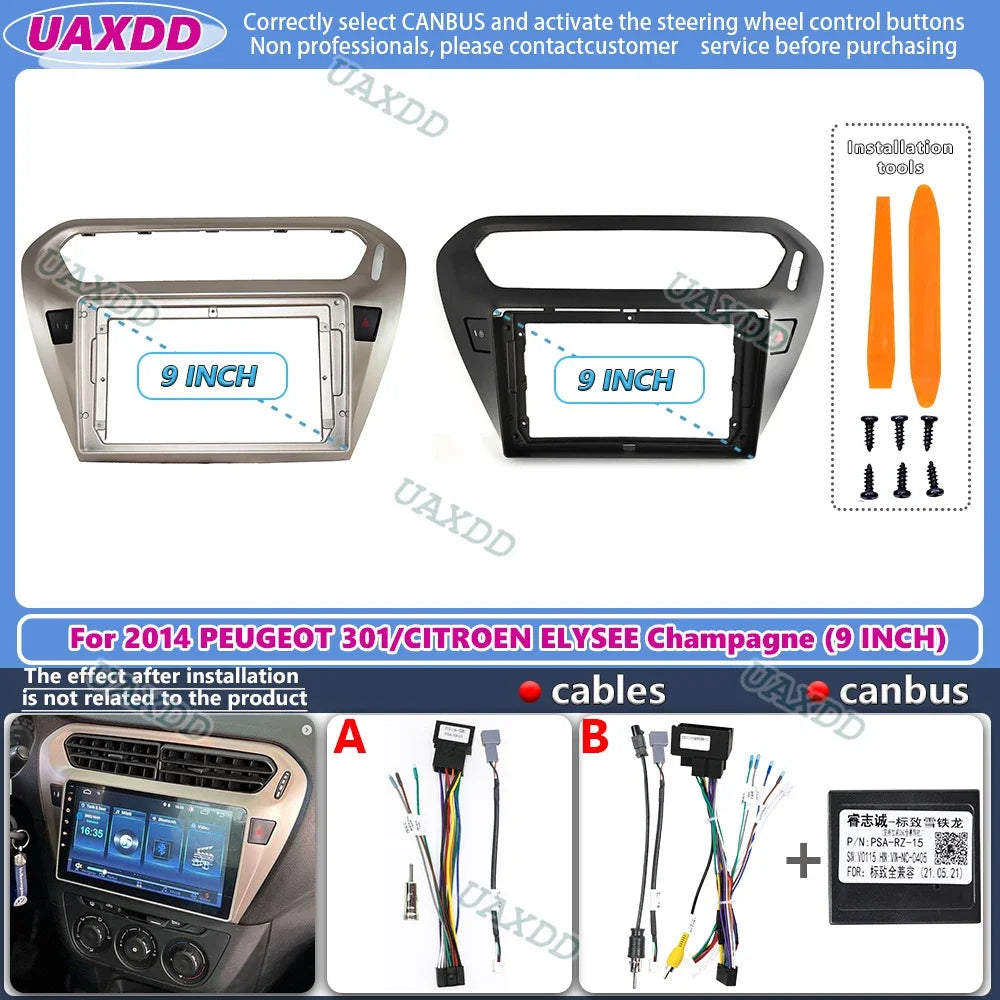 For 2014 PEUGEOT 301 CITROEN ELYSEE 9INCH Car stereo Android frame panel fascia cable harn