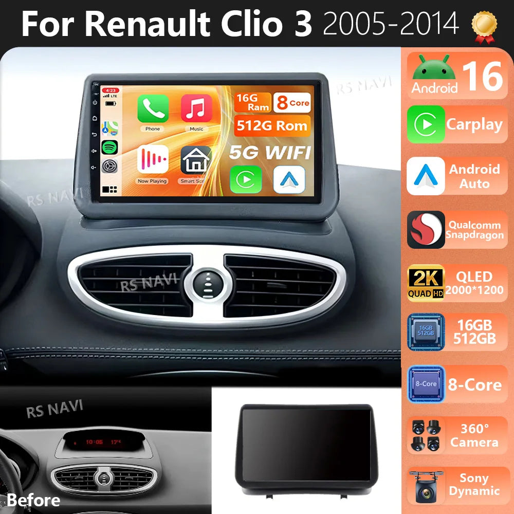 Android 16 Carplay Car Radio WiFi+4G BT DSP For Renault Clio 3 CLIO 3 2005 2006 2007 - 201