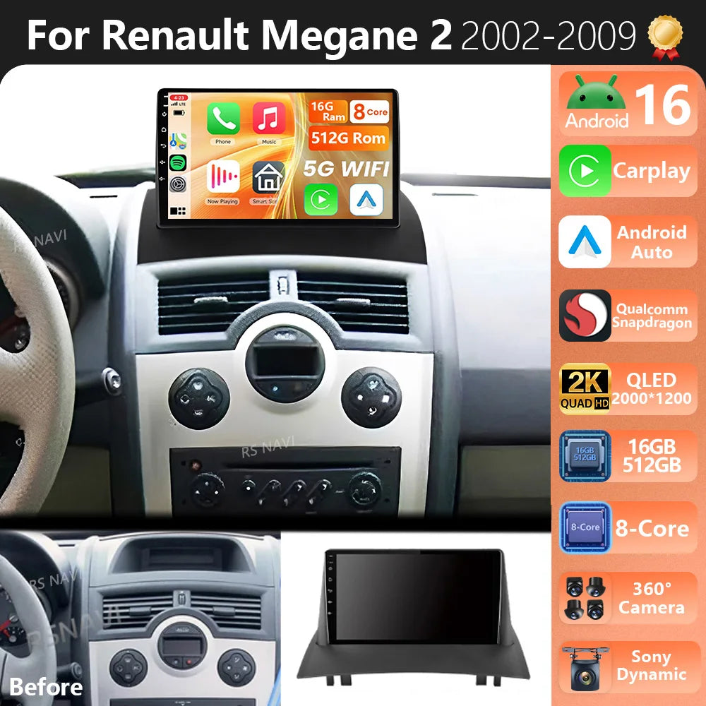 Plug and Play Android 16 For Renault Megane 2 2002 - 2009 2K QLED Android Car Radio Multim