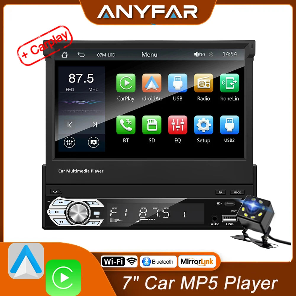 Universal Carplay Android Auto 1 Din MP5 Player 7 Inch Manual Automatic Retractable Touch