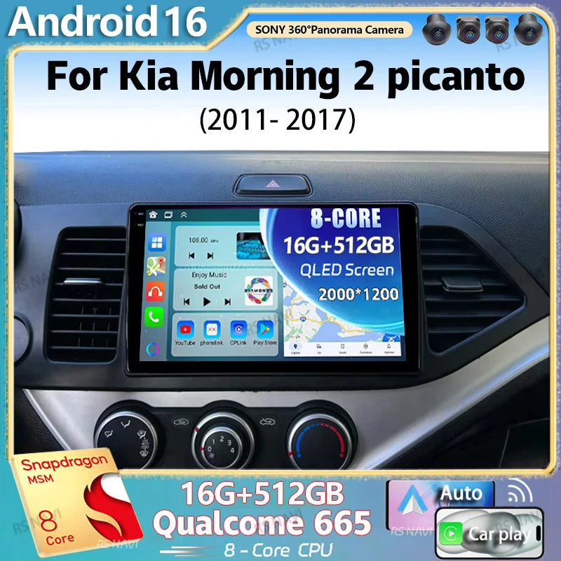 Android 16 For KIA Morning 2 picanto 2011-2017 LHD 2K QLED Android Car Radio Multimedia Vi