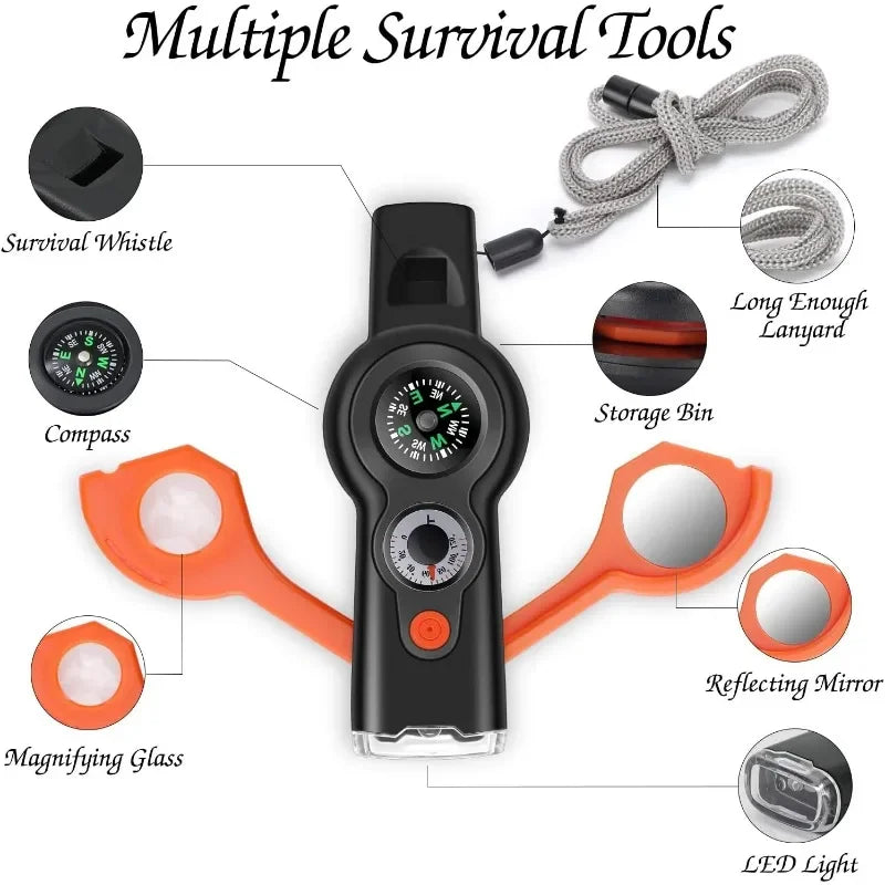 7in1 Emergency Survival Function Whistle Outdoor Multifunctional Survival Whistle with Lanyard C - Automotive LED Light