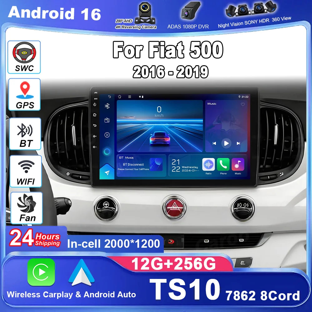 Android 16 For Fiat 500 2016-2019 Car Head Unit Multimedia Video Player GPS Navigation Rad