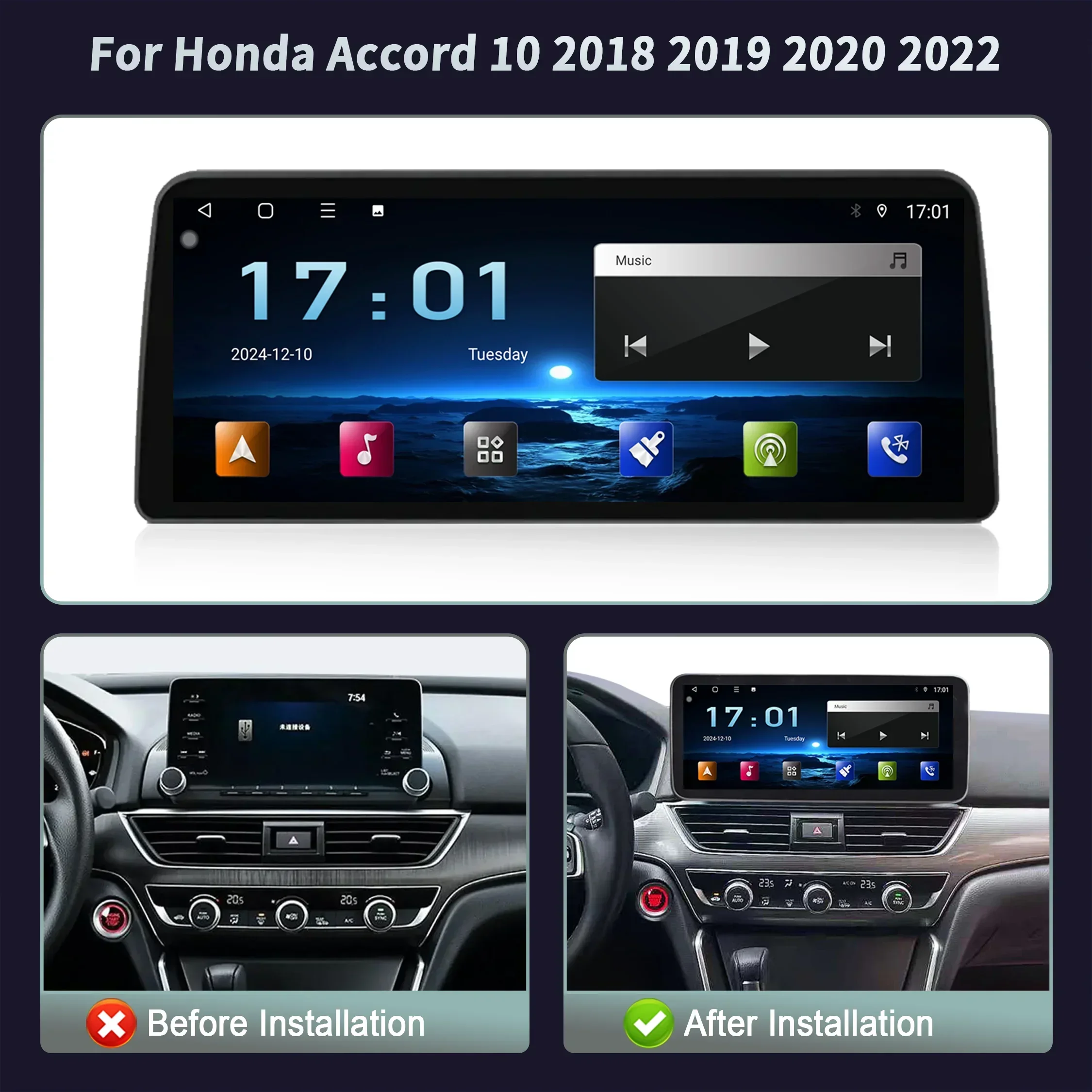 Android 15 12.3inch Screen For Honda Accord 10 2018 2019 2020 2022 Car Radio Multimedia Na