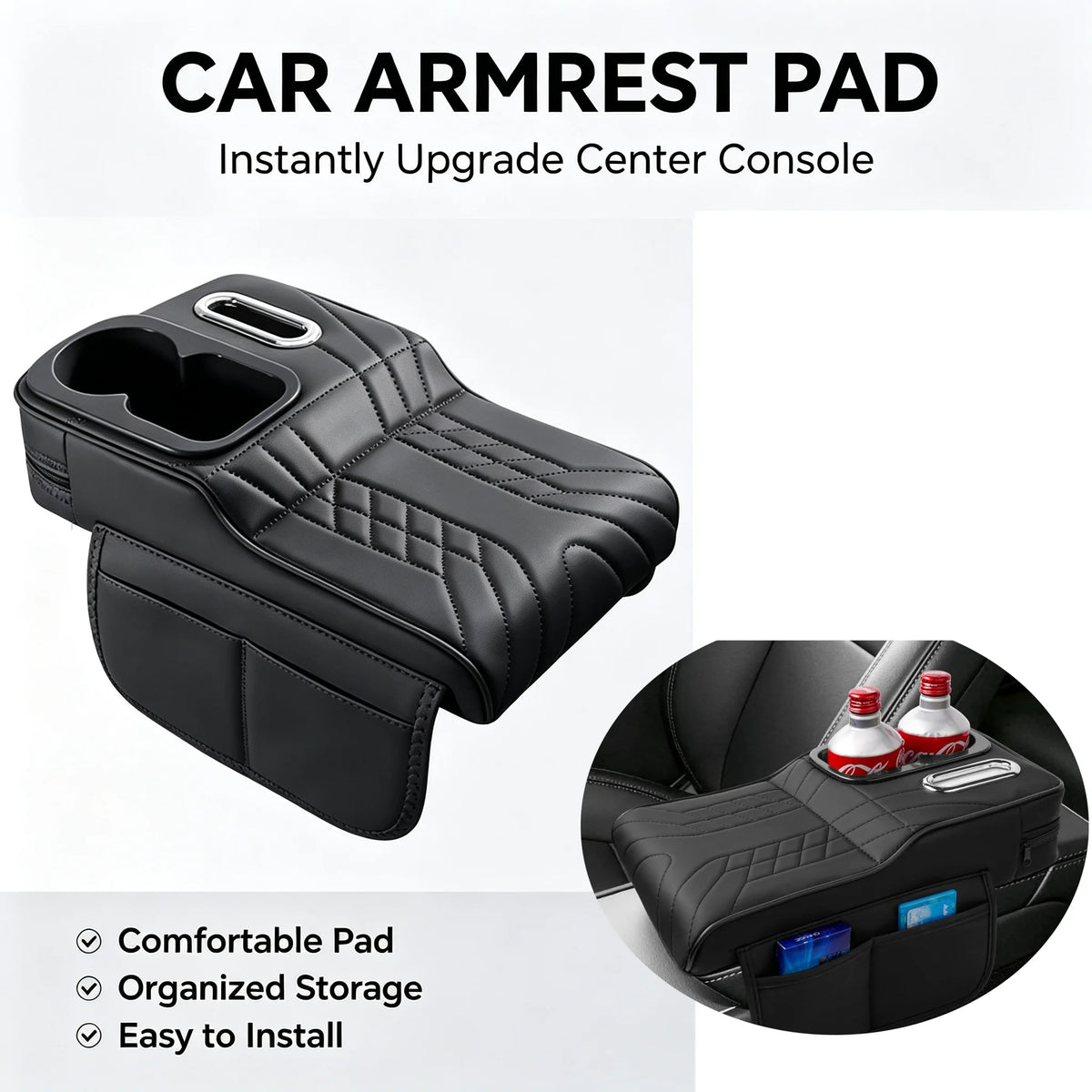 Wear-Resistant Car Armrest Box Booster Pad Dustproof Center Console Cover with Cup Tissue Pocket - Automotive LED Light