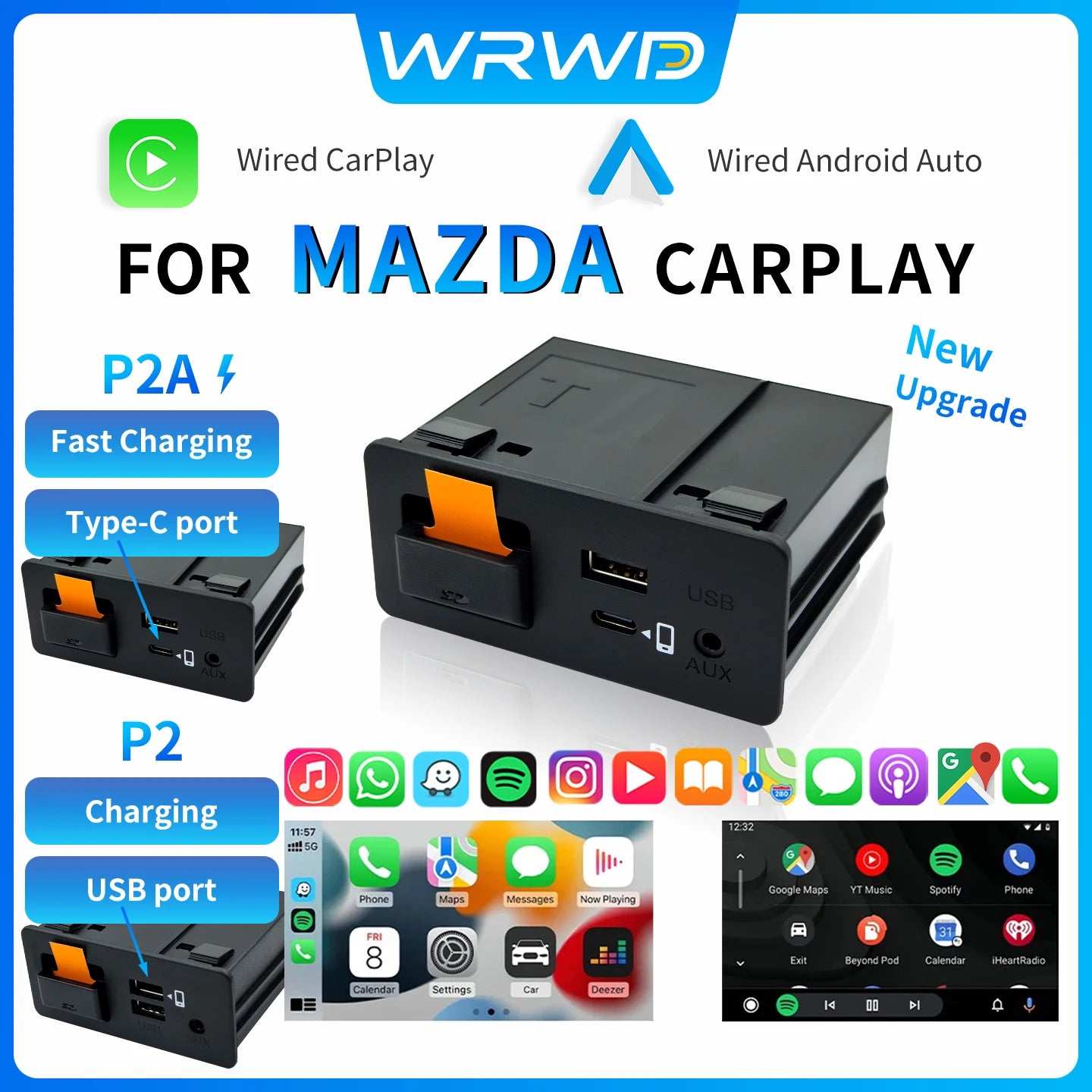 P2 Wired Carplay Android auto Adapter For Retrofit Mazda 2 3 6 CX3 CX5 CX8 MX5 USB HUB Kit
