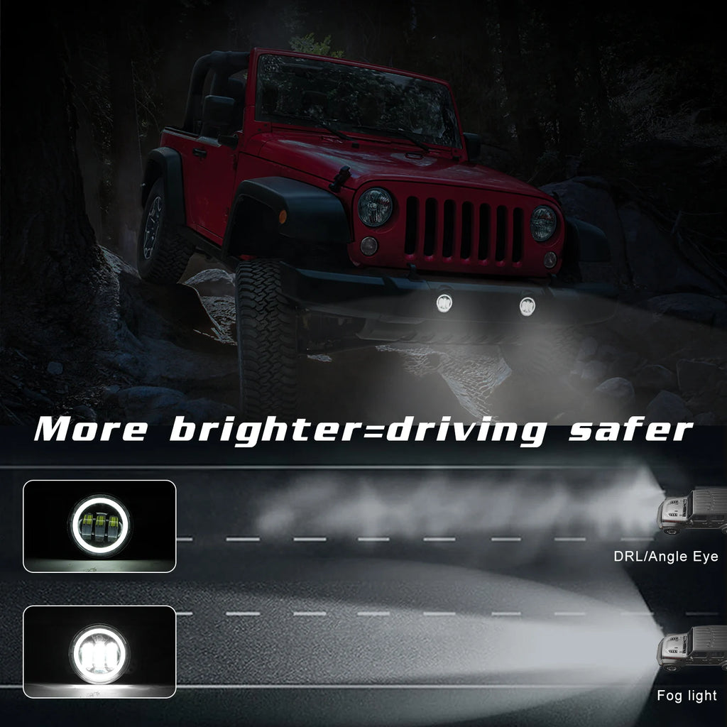4 Inch LED Fog Lights With White Halo Ring DRL Amber Turn Signal Lamp For Jeep Wrangler JK