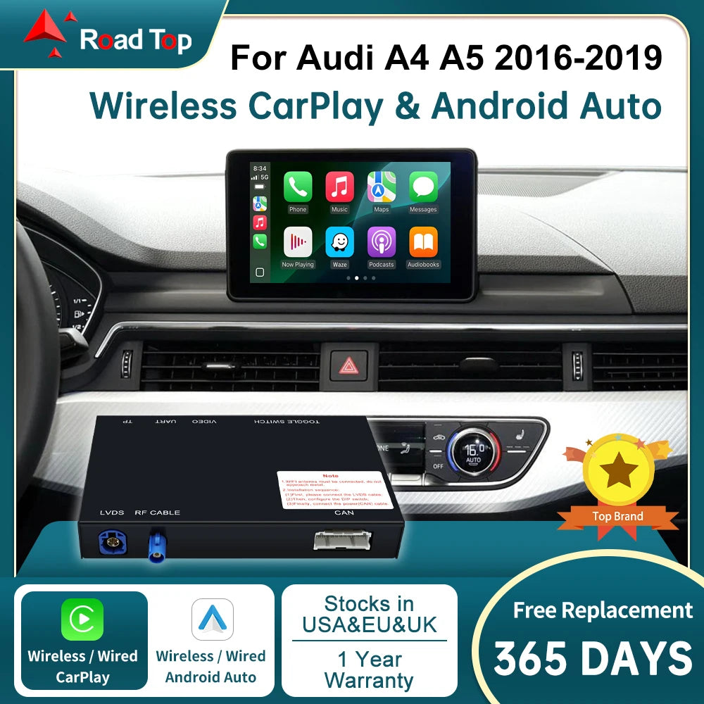 CN RoadTop Linux Wireless CarPlay Android Auto Interface for Audi A4 A5 2016-2019, with Mi