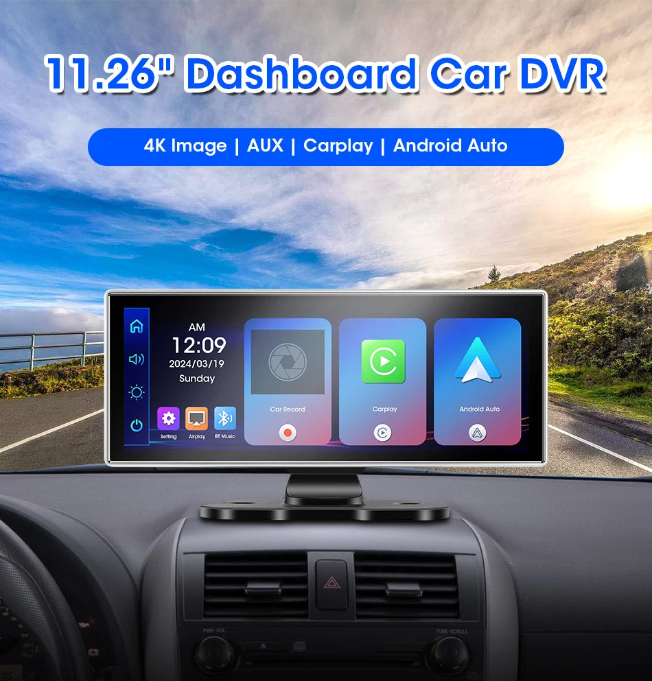 11.26 inch Car DVR 4K Dash Cam Dual Lens Wireless Carplay & Android Auto Video Recorder Monitor GPS Navigation 5G Wifi FM AUX