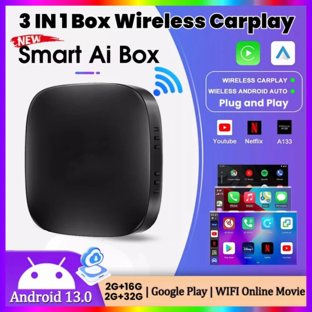 LEXXSON 2025 Android 13 3In1 CarPlay Ai Box Wireless Android Auto USB Adapter For Youtube  | AUTOKITSHOP