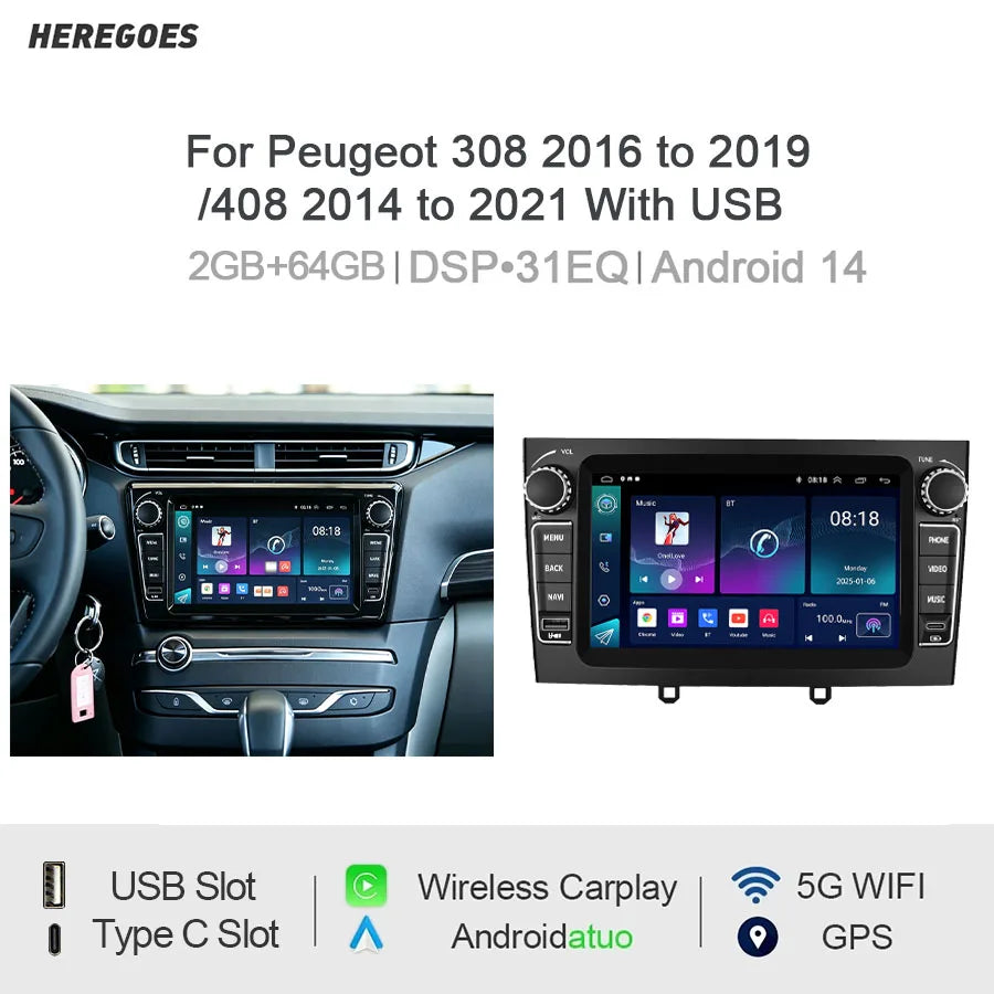 7" Android Car Radio GPS For Peugeot 308 2016-2019 / 408 2014-2021 - CarPlay Auto USB Bluetooth Steering Control