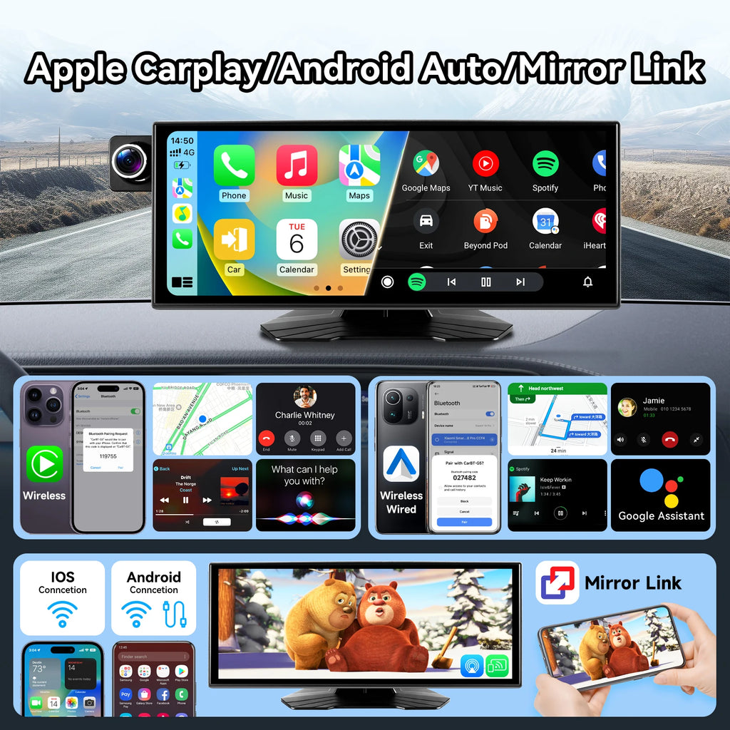 1920*720 Android 14 Portable Car Media Player Universal 8Core 4+64G Carplay Auto Dash Cam