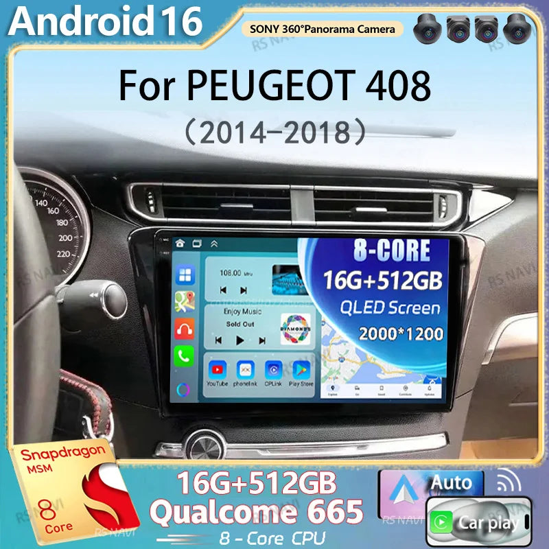 Android 16 Carplay Auto Car Radio For PEUGEOT 408 2014-2018 5GWifi+4G Multimedia Video Pla
